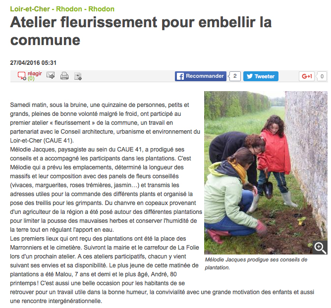 You are currently viewing Le fleurissement participatif à Rhodon dans la Nouvelle république 41 – 27/04/16